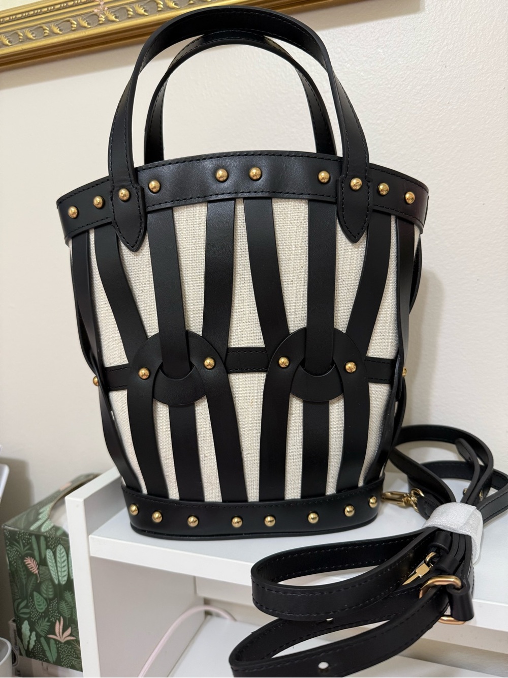 Sam Edelman Black and Cream Striped Leather-Trim Bucket Tote - Picture 2 of 12